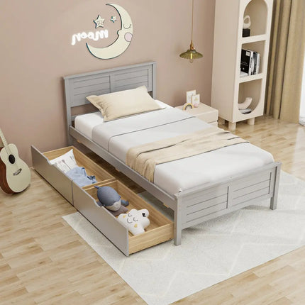 Twin Size Bed Frame with Storage Drawers-Gray - Gray - Trundle Bed Frame