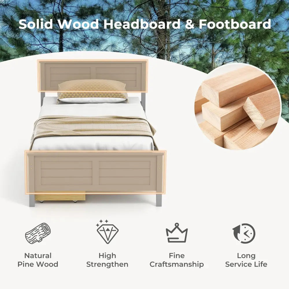 Twin Size Bed Frame with Storage Drawers-Gray - Gray - Trundle Bed Frame