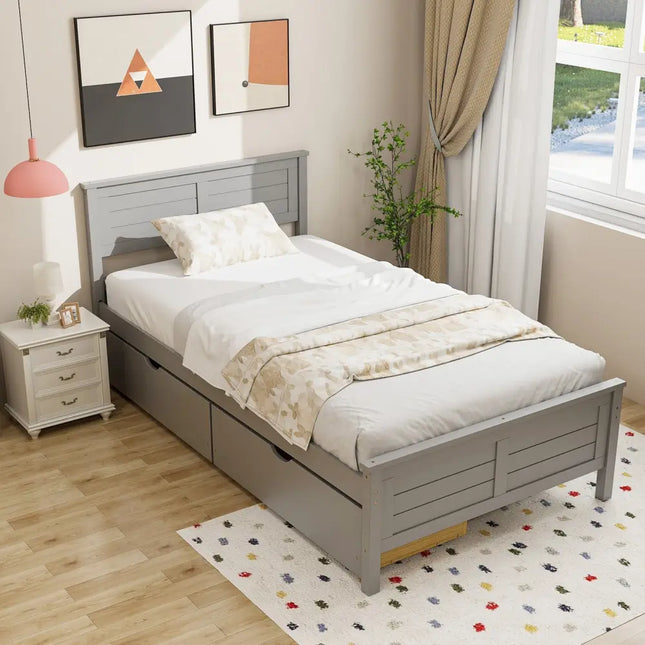 Twin Size Bed Frame with Storage Drawers-Gray - Gray - Trundle Bed Frame
