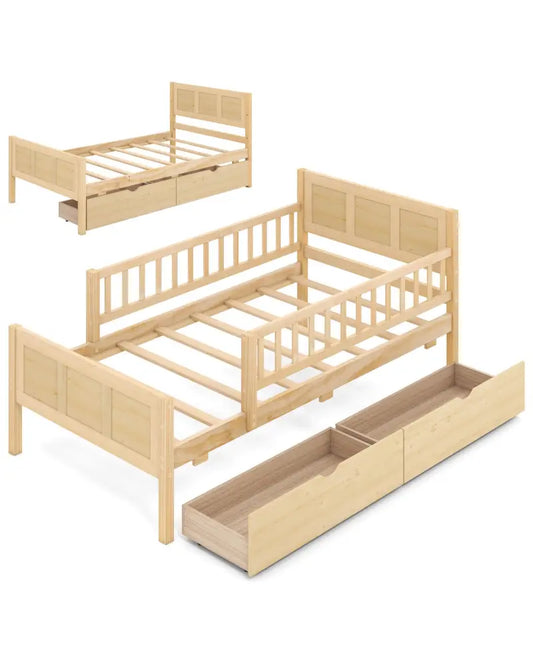 Twin Size Bed Frame with Storage Drawers Natural - Natural - Trundle Bed Frame