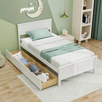 Twin Size Bed Frame with Storage Drawers-White - White - Trundle Bed Frame