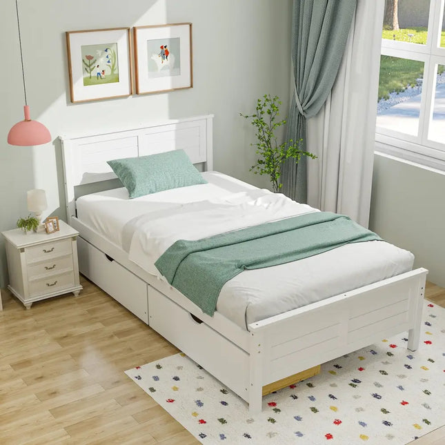Twin Size Bed Frame with Storage Drawers-White - White - Trundle Bed Frame