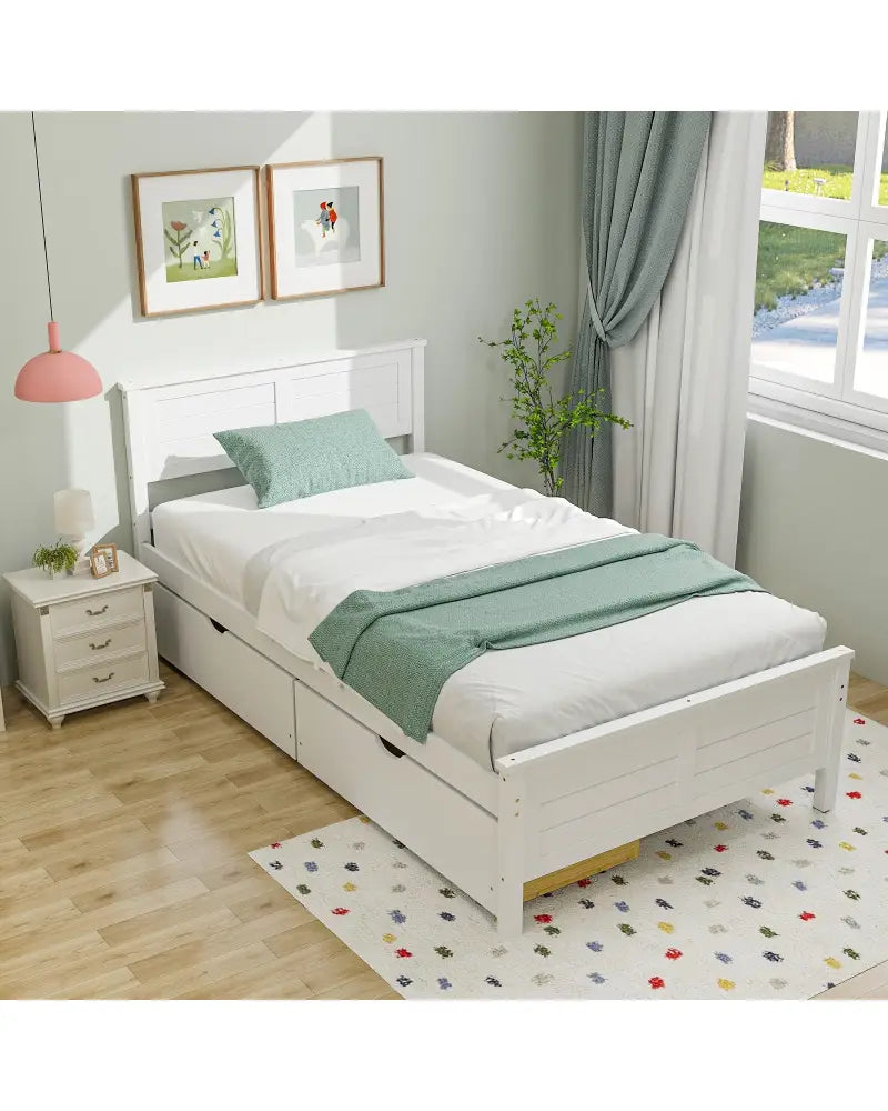 Twin Size Bed Frame with Storage Drawers-White - White - Trundle Bed Frame