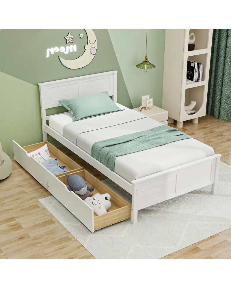 Twin Size Bed Frame with Storage Drawers-White - White - Trundle Bed Frame