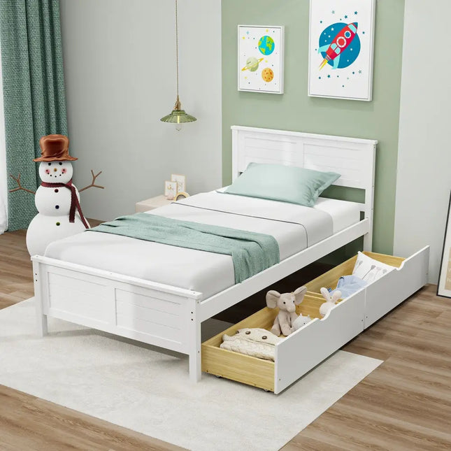 Twin Size Bed Frame with Storage Drawers-White - White - Trundle Bed Frame