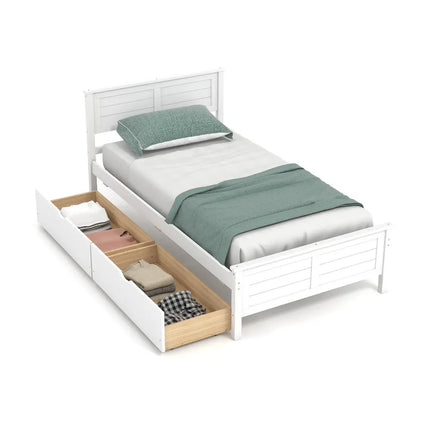 Twin Size Bed Frame with Storage Drawers-White - White - Trundle Bed Frame