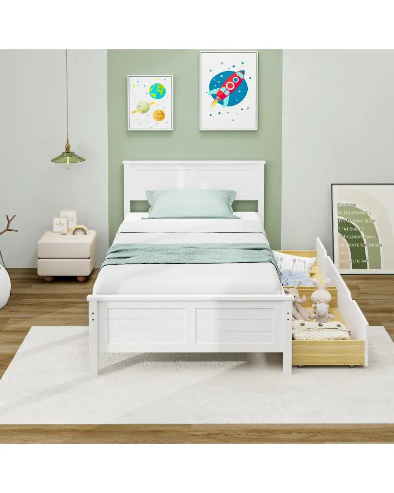 Twin Size Bed Frame with Storage Drawers-White - White - Trundle Bed Frame