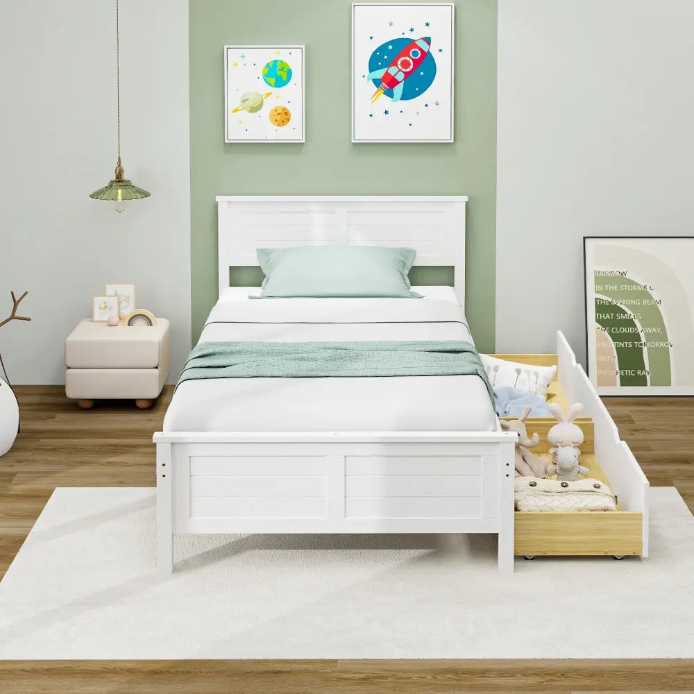 Twin Size Bed Frame with Storage Drawers-White - White - Trundle Bed Frame