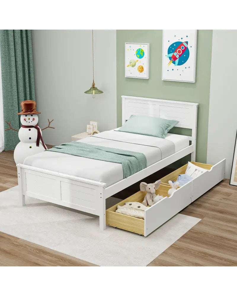 Twin Size Bed Frame with Storage Drawers-White - White - Trundle Bed Frame