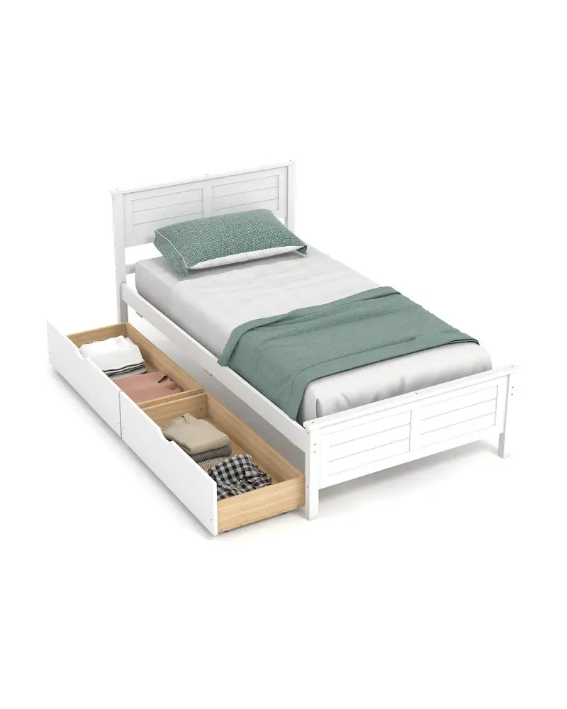 Twin Size Bed Frame with Storage Drawers-White - White - Trundle Bed Frame