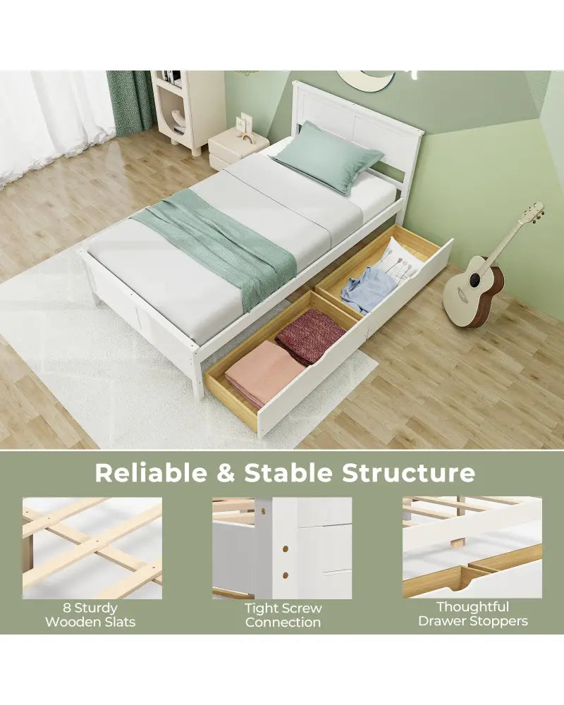 Twin Size Bed Frame with Storage Drawers-White - White - Trundle Bed Frame