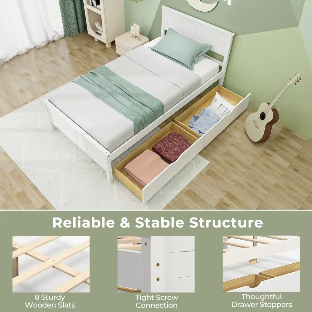 Twin Size Bed Frame with Storage Drawers-White - White - Trundle Bed Frame