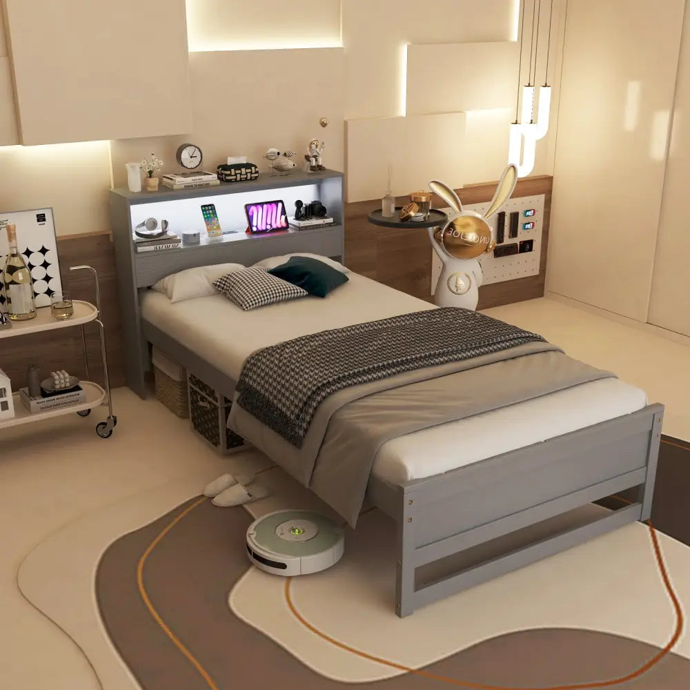 Twin Size Bed Frame with Storage Headboard and Charging Station-Gray - Gray - Toddler Beds