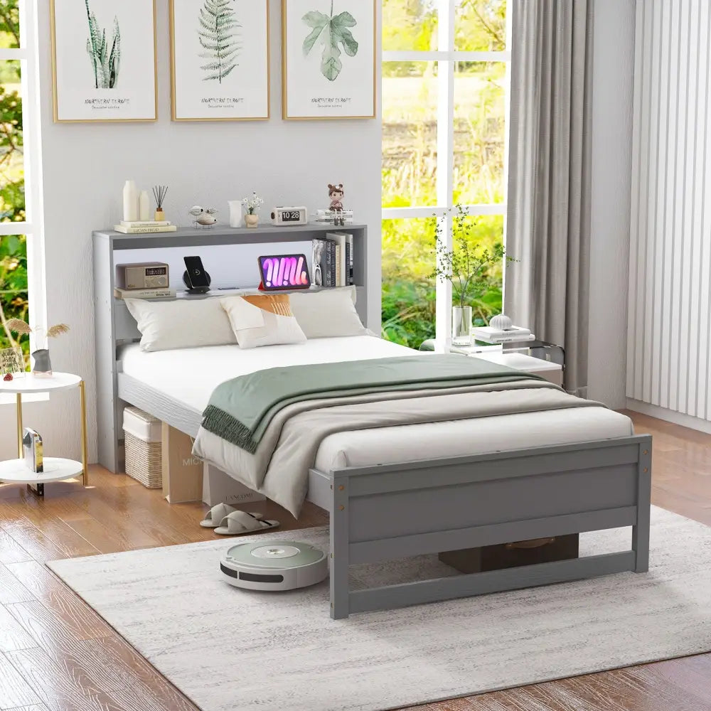 Twin Size Bed Frame with Storage Headboard and Charging Station-Gray - Gray - Toddler Beds