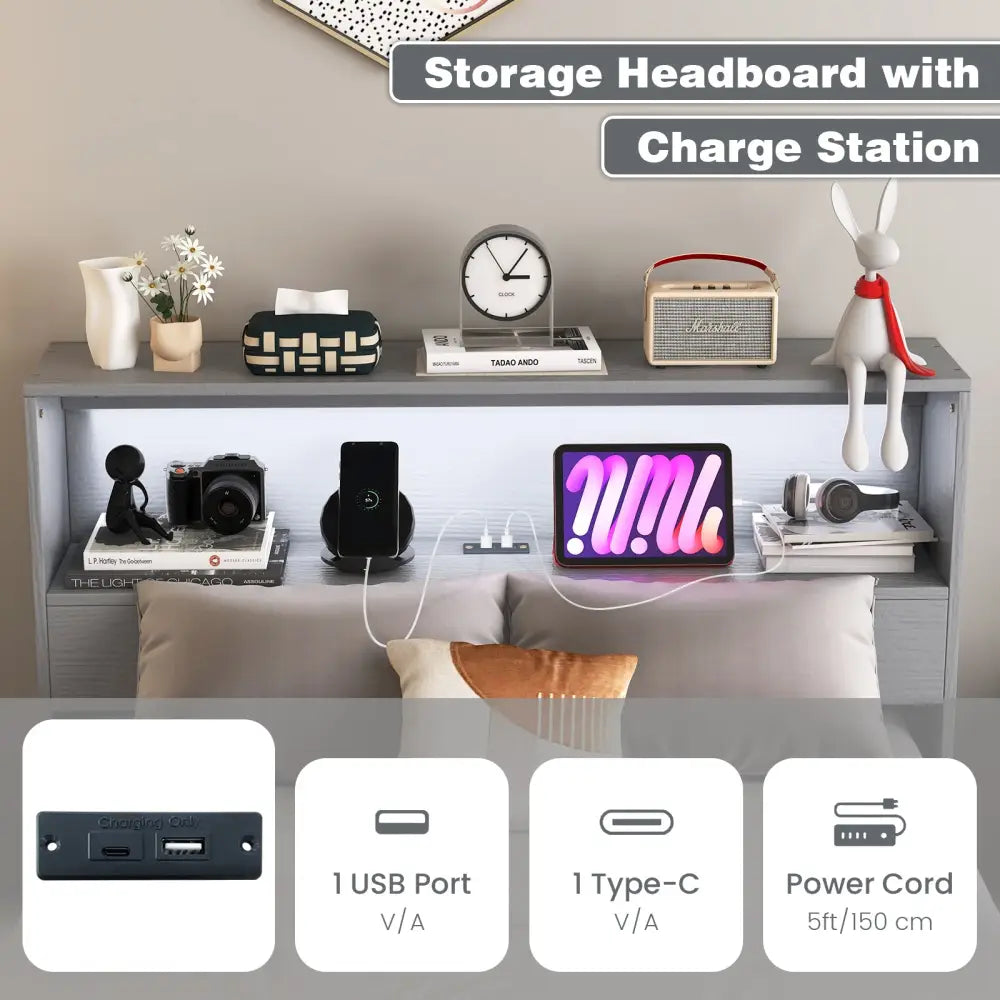Twin Size Bed Frame with Storage Headboard and Charging Station-Gray - Gray - Toddler Beds