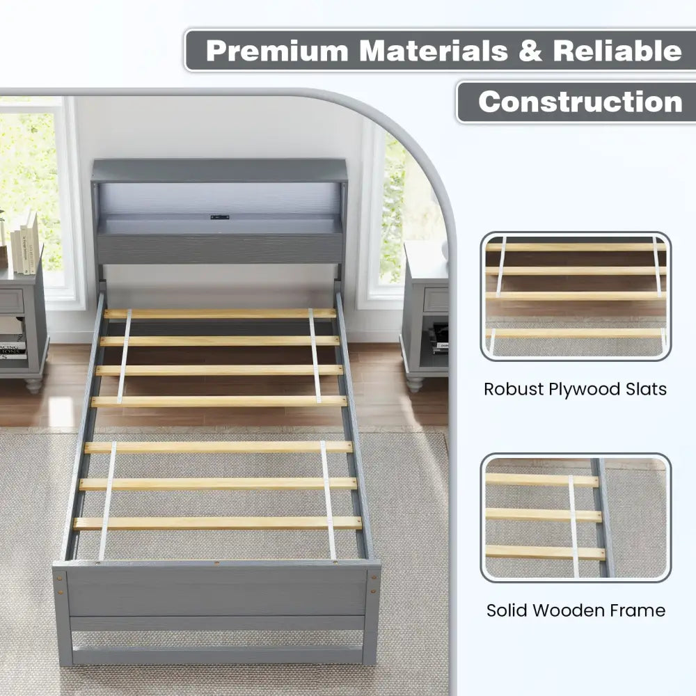 Twin Size Bed Frame with Storage Headboard and Charging Station-Gray - Gray - Toddler Beds