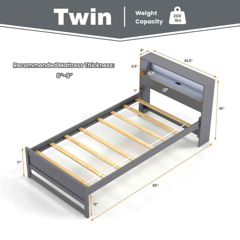 Twin Size Bed Frame with Storage Headboard and Charging Station-Gray - Gray - Toddler Beds