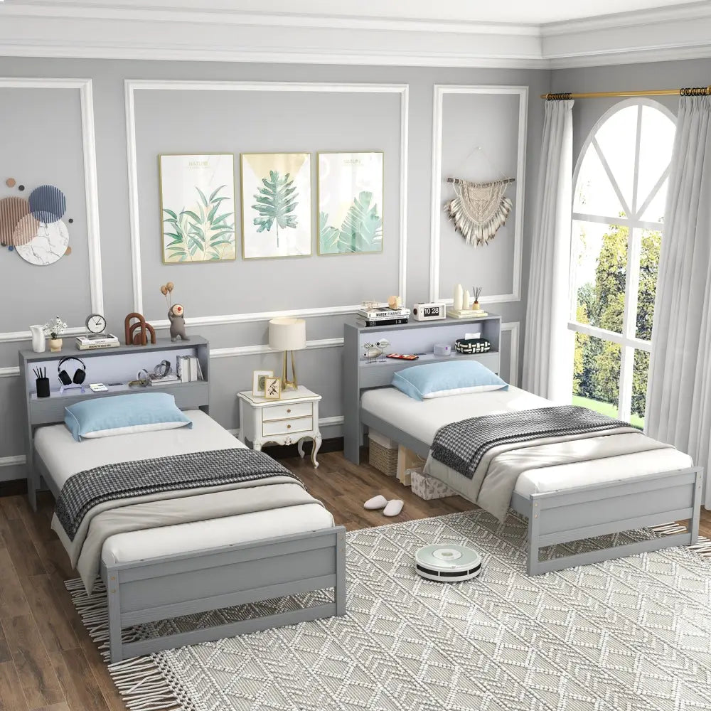 Twin Size Bed Frame with Storage Headboard and Charging Station-Gray - Gray - Toddler Beds