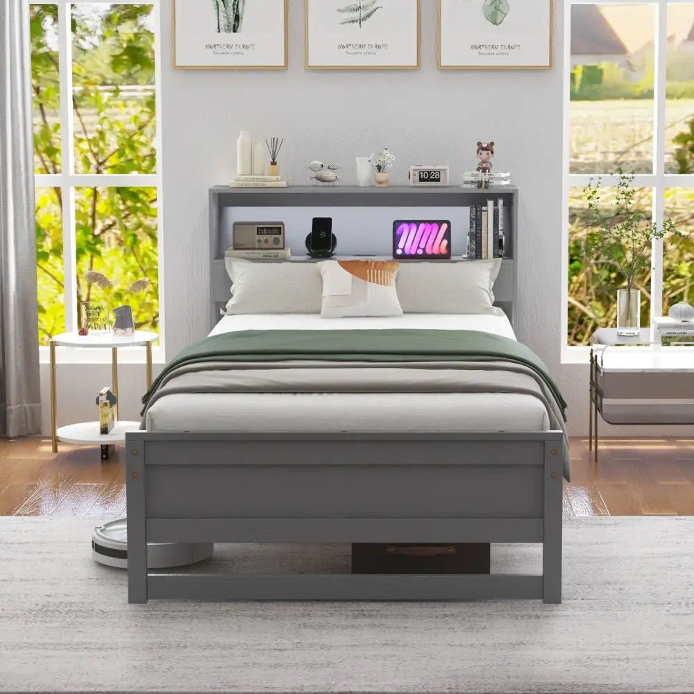 Twin Size Bed Frame with Storage Headboard and Charging Station-Gray - Gray - Toddler Beds