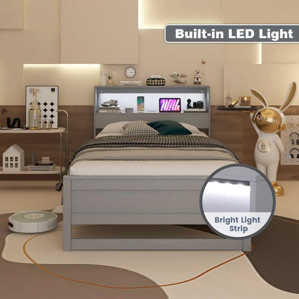 Twin Size Bed Frame with Storage Headboard and Charging Station-Gray - Gray - Toddler Beds