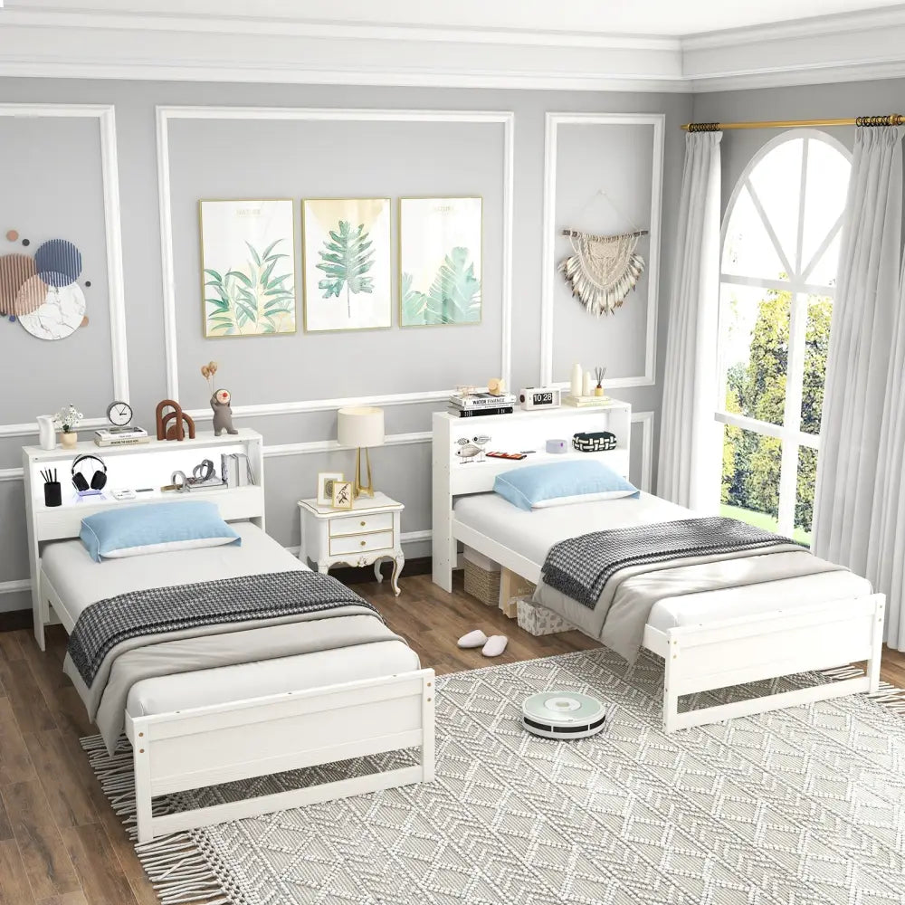 Twin Size Bed Frame with Storage Headboard and Charging Station-White - White - Toddler Beds