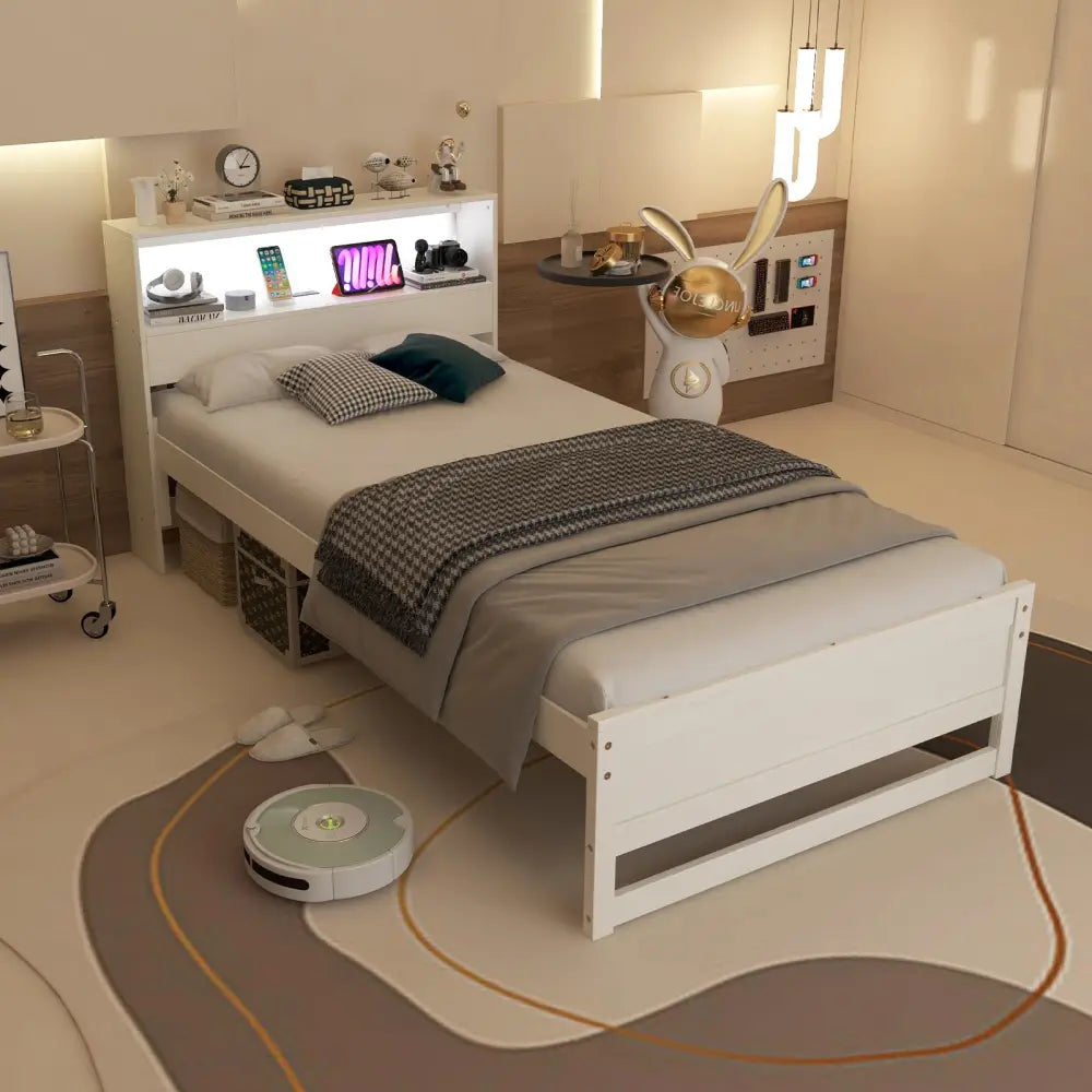 Twin Size Bed Frame with Storage Headboard and Charging Station-White - White - Toddler Beds