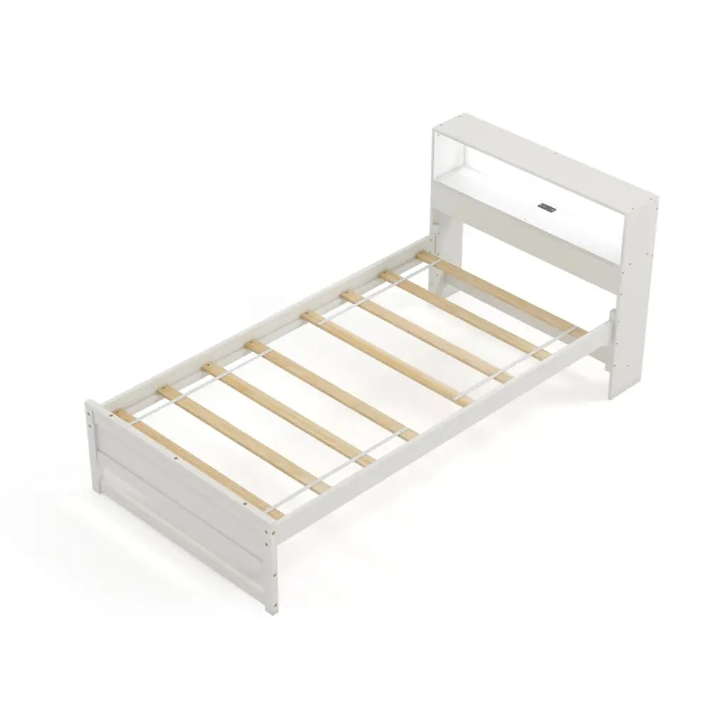 Twin Size Bed Frame with Storage Headboard and Charging Station-White - White - Toddler Beds