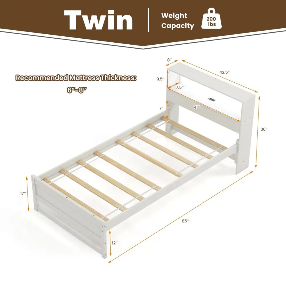 Twin Size Bed Frame with Storage Headboard and Charging Station-White - White - Toddler Beds