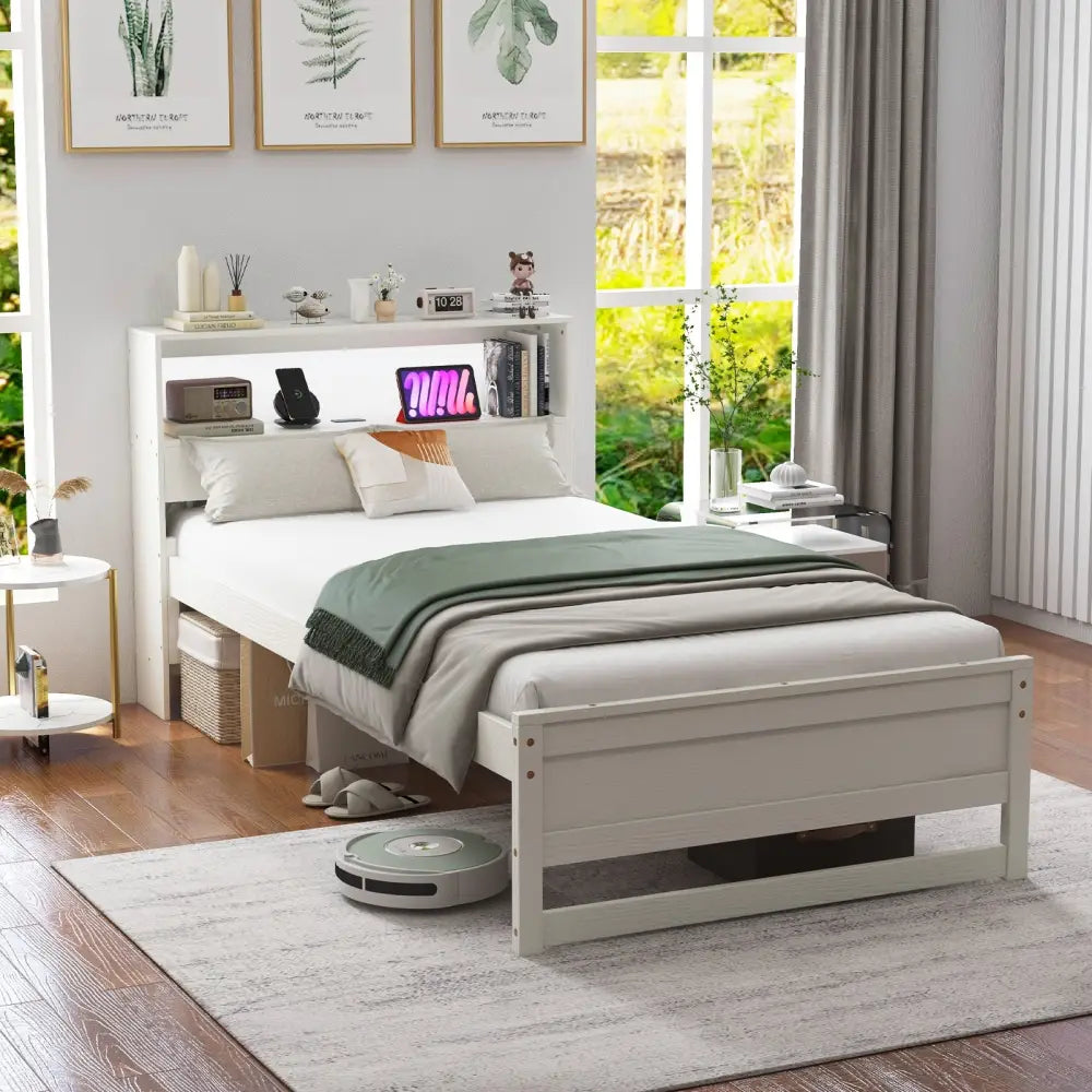 Twin Size Bed Frame with Storage Headboard and Charging Station-White - White - Toddler Beds