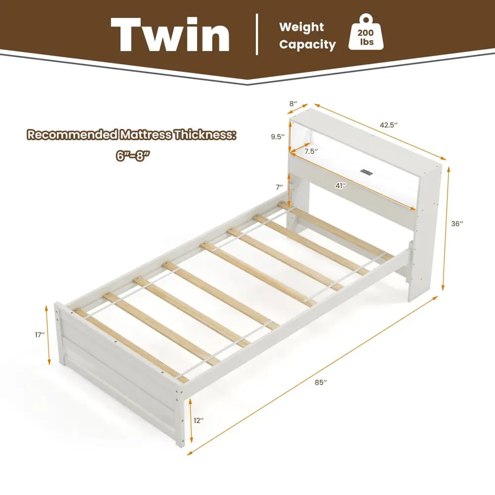 Twin Size Bed Frame with Storage Headboard and Charging Station-White - White - Toddler Beds