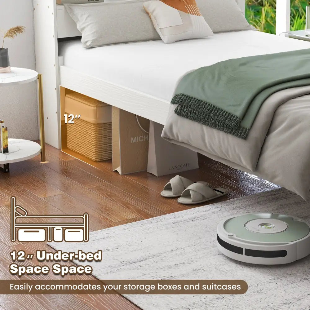 Twin Size Bed Frame with Storage Headboard and Charging Station-White - White - Toddler Beds