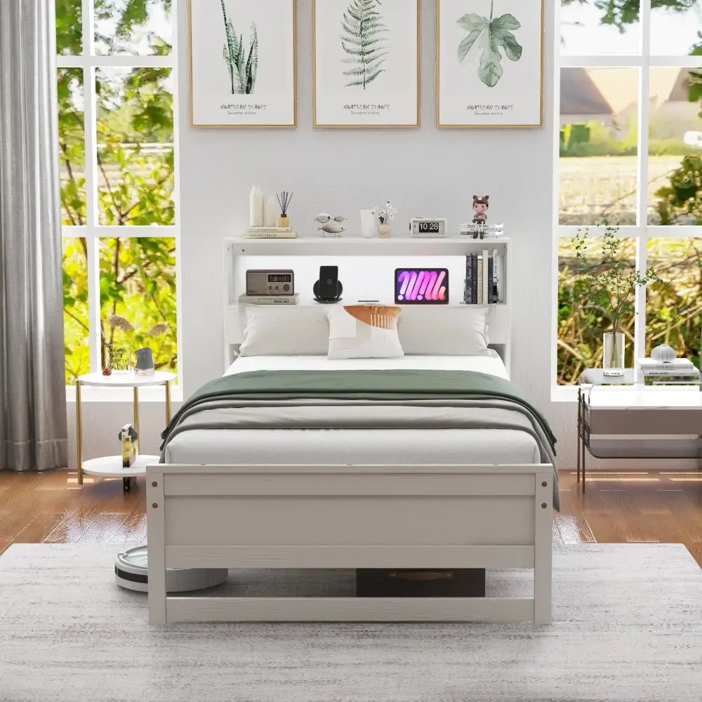 Twin Size Bed Frame with Storage Headboard and Charging Station-White - White - Toddler Beds