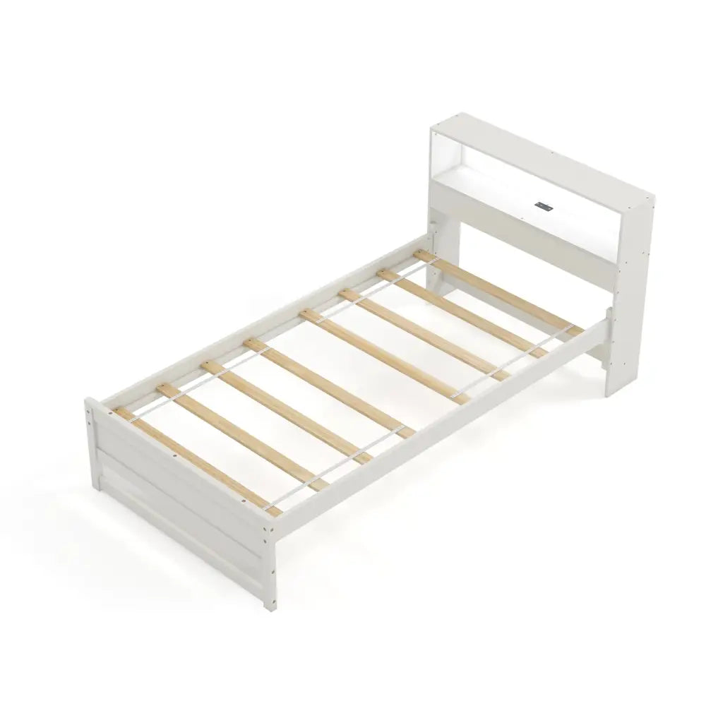 Twin Size Bed Frame with Storage Headboard and Charging Station-White - White - Toddler Beds