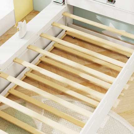Twin Size Bed Frame with Trundle and Power Outlets-White - White - Trundle Bed Frame