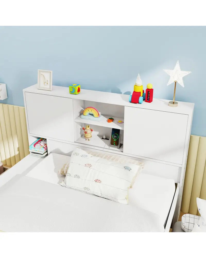 Twin Size Bed Frame with Trundle and Power Outlets-White - White - Trundle Bed Frame