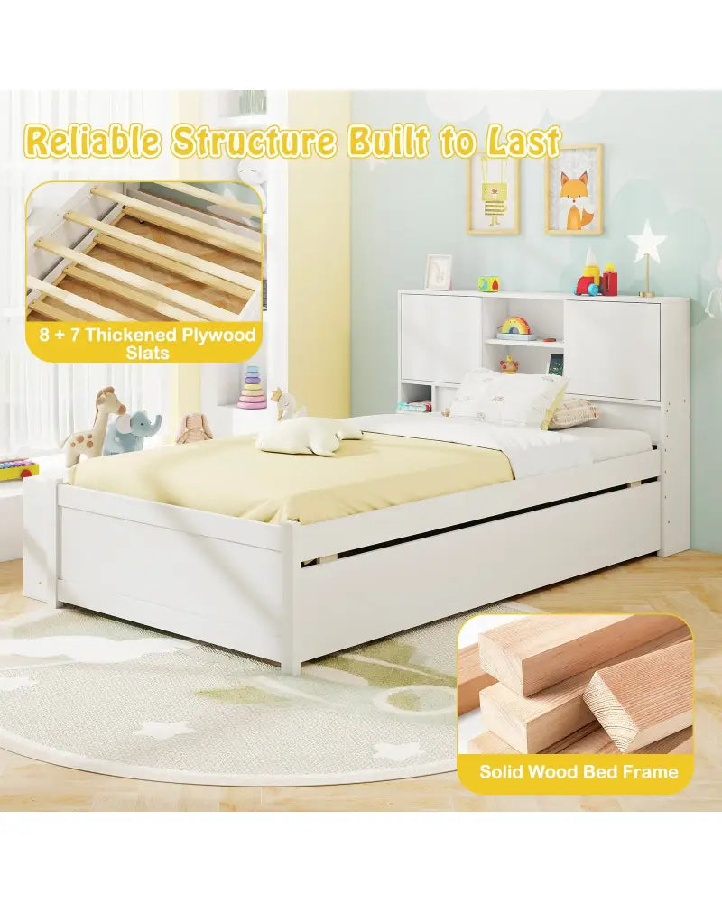 Twin Size Bed Frame with Trundle and Power Outlets-White - White - Trundle Bed Frame