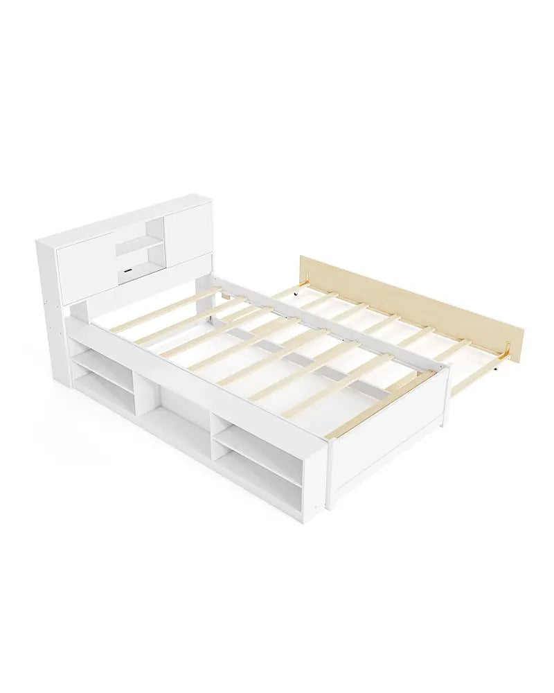 Twin Size Bed Frame with Trundle and Power Outlets-White - White - Trundle Bed Frame