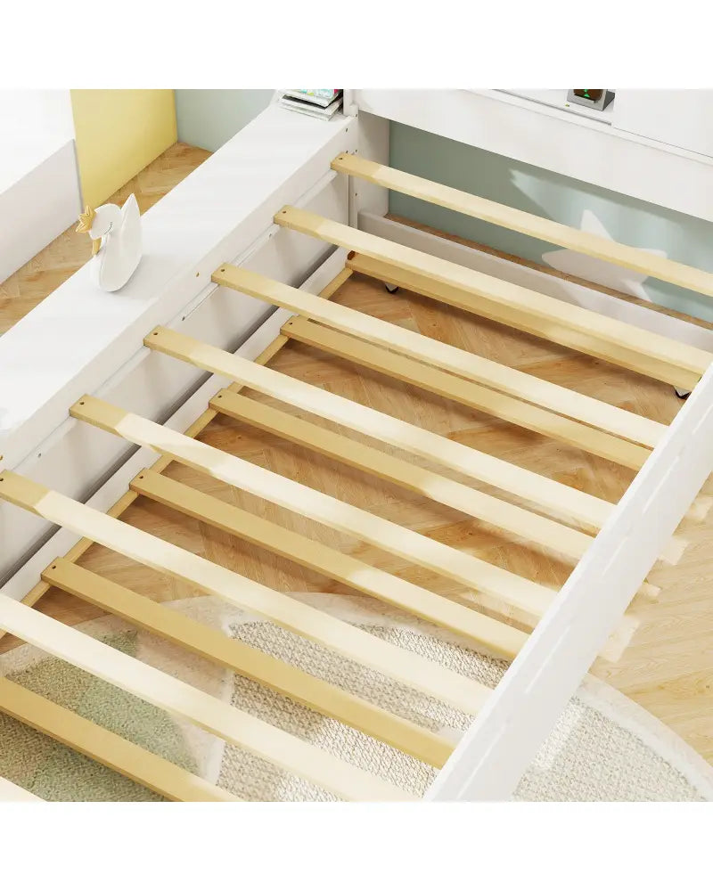 Twin Size Bed Frame with Trundle and Power Outlets-White - White - Trundle Bed Frame