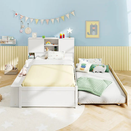 Twin Size Bed Frame with Trundle and Power Outlets-White - White - Trundle Bed Frame