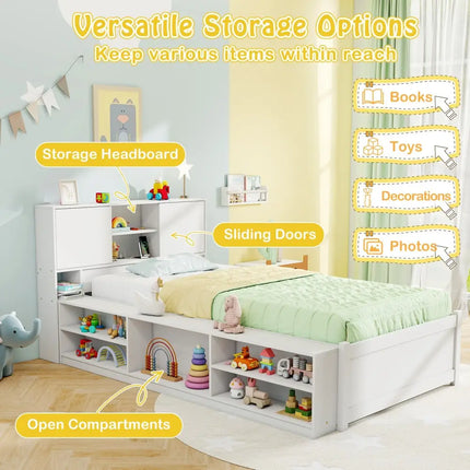 Twin Size Bed Frame with Trundle and Power Outlets-White - White - Trundle Bed Frame