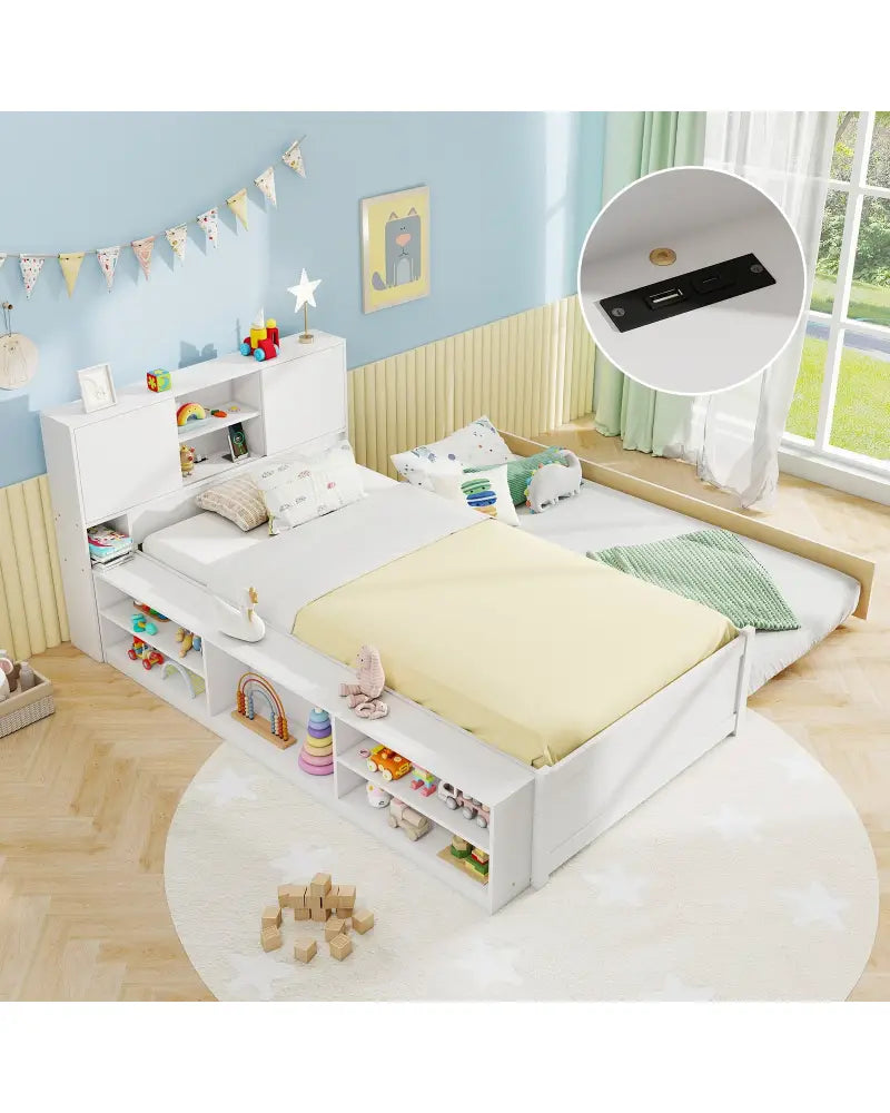 Twin Size Bed Frame with Trundle and Power Outlets-White - White - Trundle Bed Frame