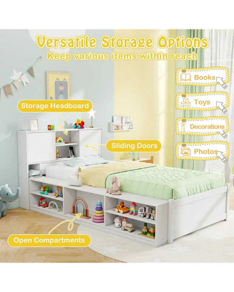 Twin Size Bed Frame with Trundle and Power Outlets-White - White - Trundle Bed Frame