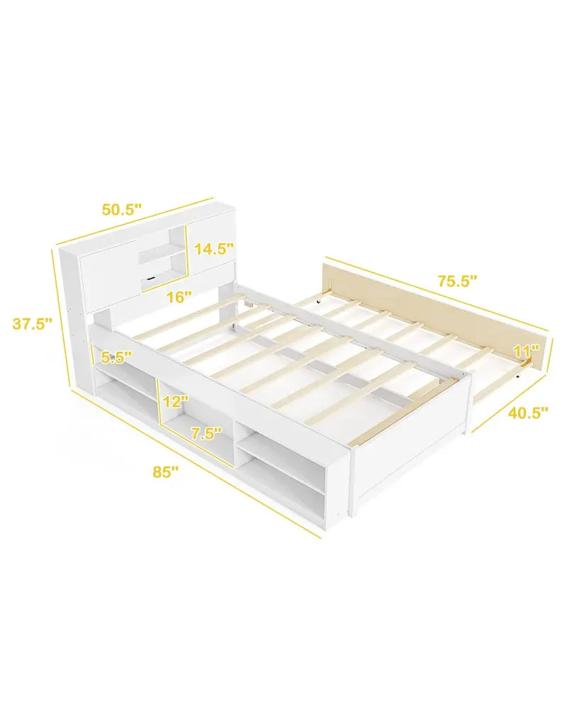 Twin Size Bed Frame with Trundle and Power Outlets-White - White - Trundle Bed Frame