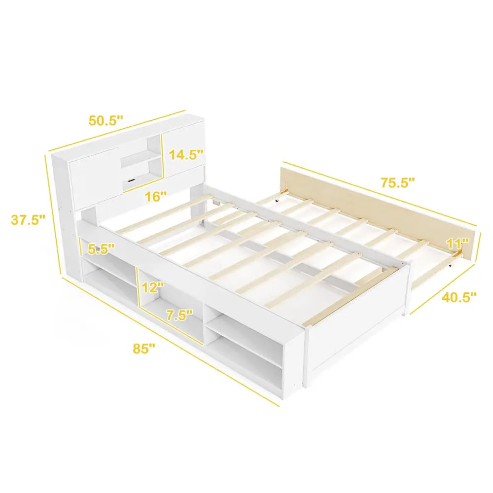 Twin Size Bed Frame with Trundle and Power Outlets-White - White - Trundle Bed Frame