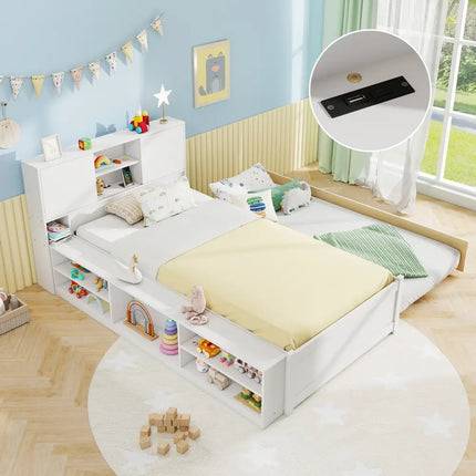 Twin Size Bed Frame with Trundle and Power Outlets-White - White - Trundle Bed Frame