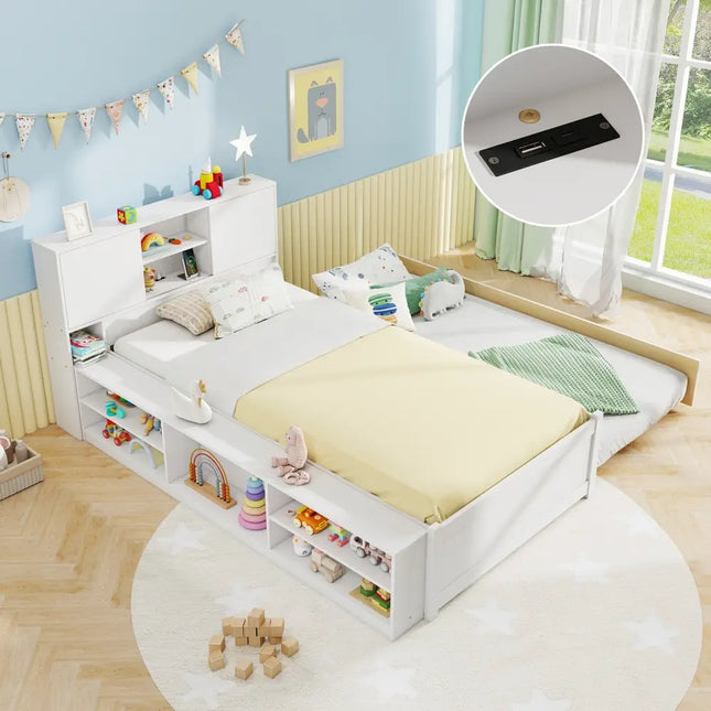 Twin Size Bed Frame with Trundle and Power Outlets-White - White - Trundle Bed Frame