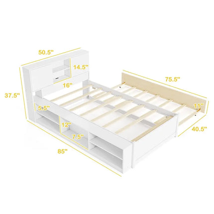 Twin Size Bed Frame with Trundle and Power Outlets-White - White - Trundle Bed Frame