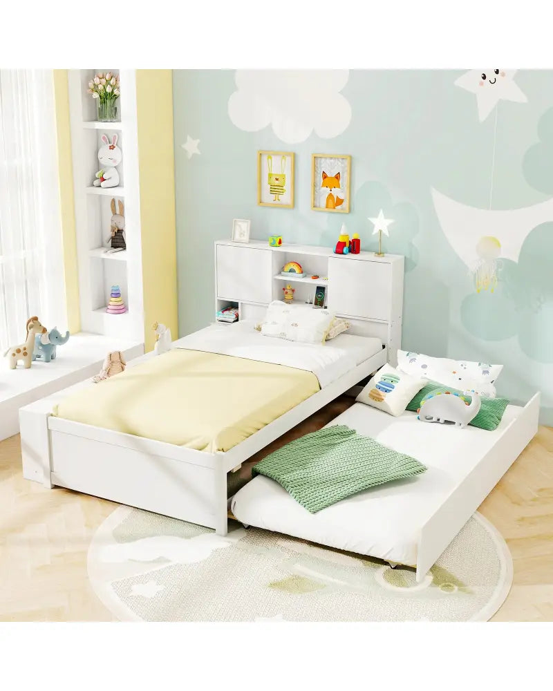 Twin Size Bed Frame with Trundle and Power Outlets-White - White - Trundle Bed Frame