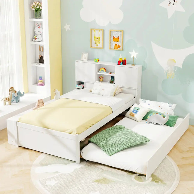 Twin Size Bed Frame with Trundle and Power Outlets-White - White - Trundle Bed Frame