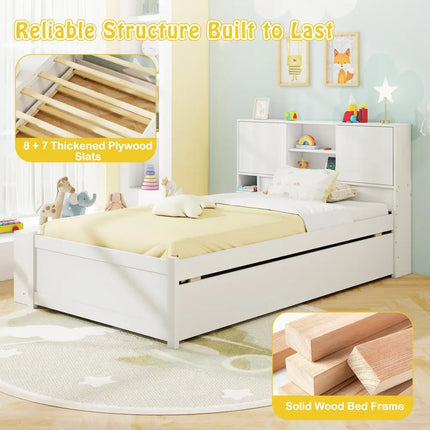 Twin Size Bed Frame with Trundle and Power Outlets-White - White - Trundle Bed Frame